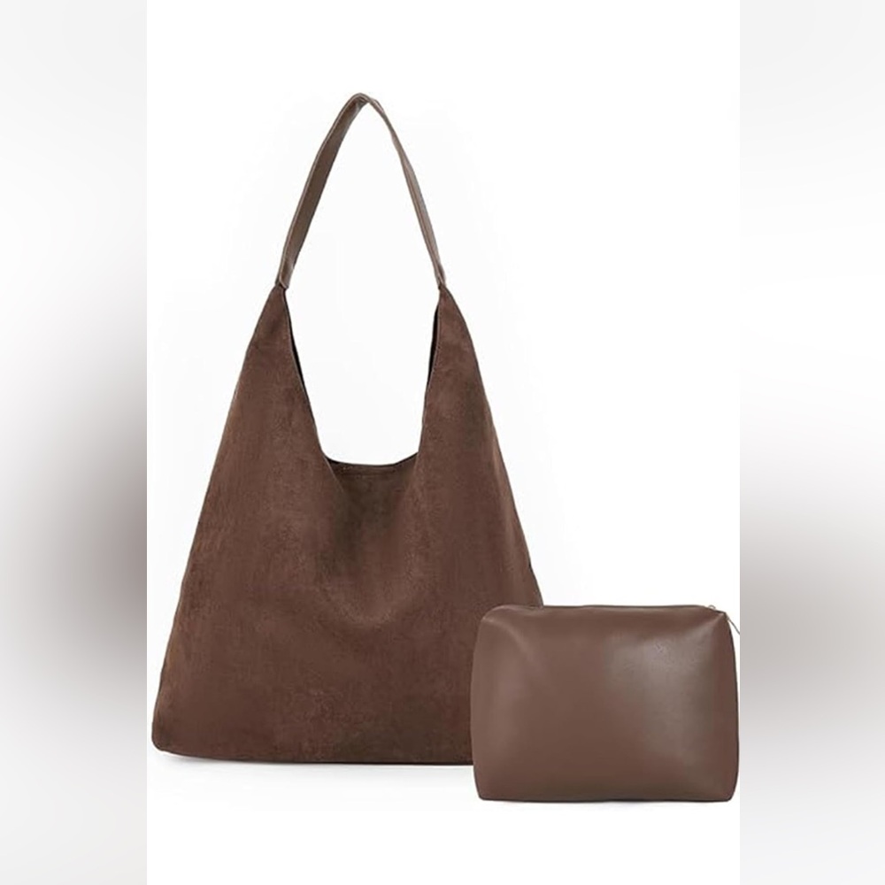 Elegant Brown Suede Women's Tote Bag with small faux leather bag